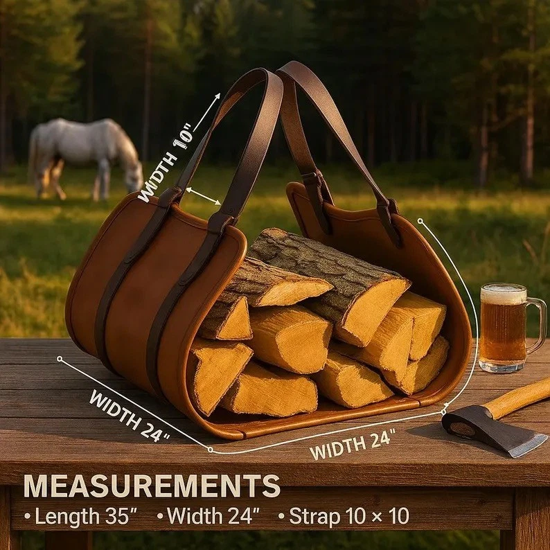 Portador de troncos de cuero, portador de leña, accesorio de chimenea de cuero, hecho a mano Foto 1 de 4