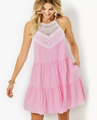 Vestido Lilly Pulitzer Britt Havana Rosa Seersucker Rayas Halter Columpio Talla 2 Foto 1 de 4