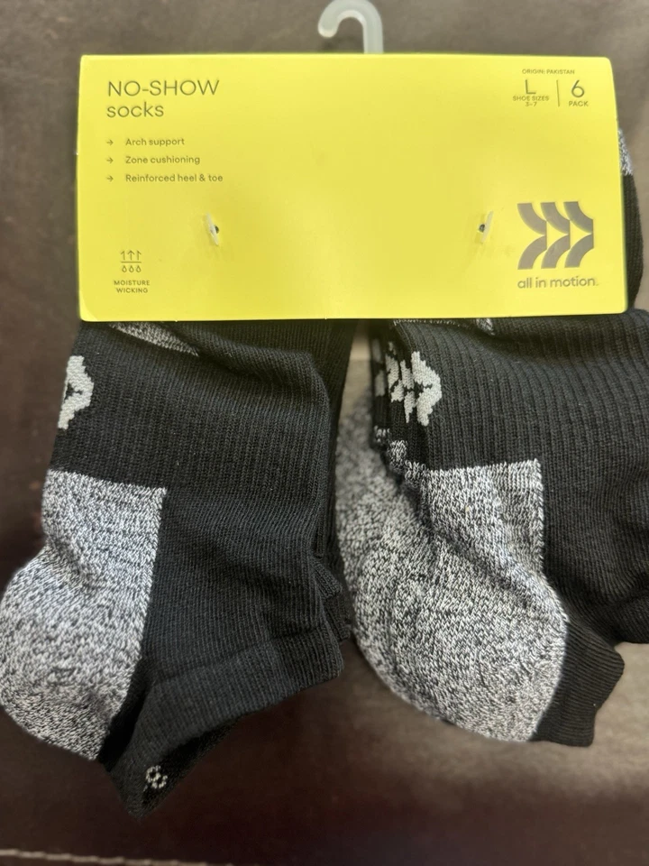 NWT All In Motion No-Show 6 Pack Socks Size Size L Shoes Size 3-7 Black Gray - Image 1 of 4