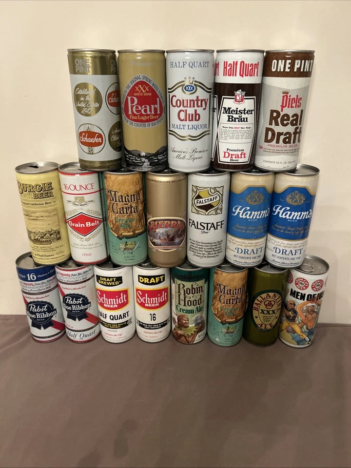 Lote de 20 latas de cerveza vintage años 70 Pull Tab medio cuarto 16 OZ variedad Foto 1 de 4