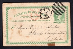 Canada #P3 Postcard to United Kingdom 1879 Montreal Duplex. Receiver - Picture 1 of 2