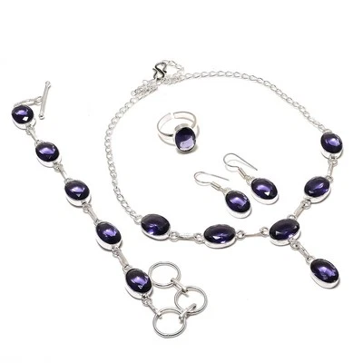African Amethyst Gemstone Necklace Set Adjustable Chain Jewelry Gift Oval Shape - Image 1 of 4