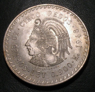 México Cinco 1948 5 pesos plata azteca Cuauhtémoc AU/UNC Foto 1 de 2