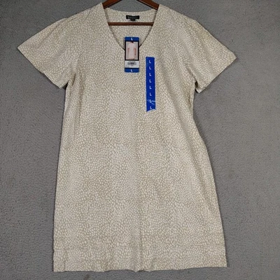Nicole Miller Shift Dress Womens Large Beige Animal Linen Blend Short Sleeve NWT - Image 1 of 4