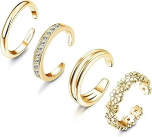4Pc Gold 925 Sterling Silver Toe Rings Open Adjustable Accessories Set Fits Girl - Picture 1 of 5