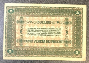 ITALY 1918 TWO 2 LIRE CASSA VENETA VERY HARD TO FIND IN THIS GRADE VERY SCARCE - Picture 1 of 2