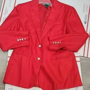 Ralph Lauren silver crest buttons blazer jacket red linen size 10 - Picture 1 of 9