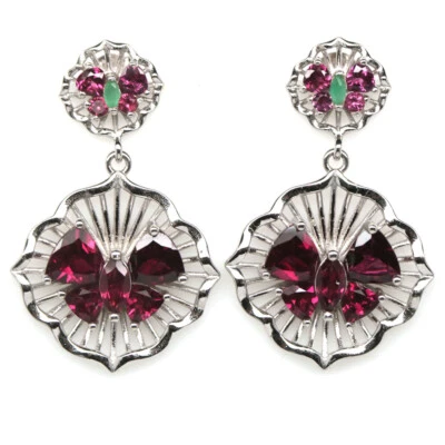 925 Sterlingsilber 5 x 5 mm Purpurrosa Rhodolith Und Grüner Smaragd Ohrringe - Bild 1 von 4