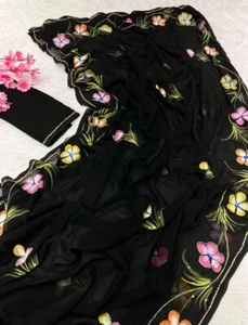 Black Pure Georgette Hand Work Saree With Blouse Piece, Floral Khatli Work, Sari - Picture 1 of 11