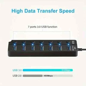 USB Hub 3.0 with 7 Ports and LED On/Off Switch & Extension Cable for MacBook, Ma - Picture 1 of 6