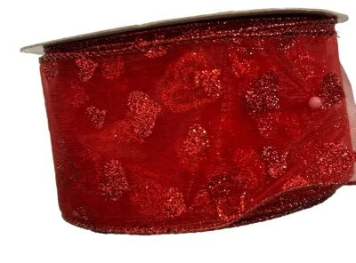 Wire-Edged Glitter Hearts On Sheer Red Ribbon 19 yards, 2.5” Wide Valentine Love - Image 1 of 4