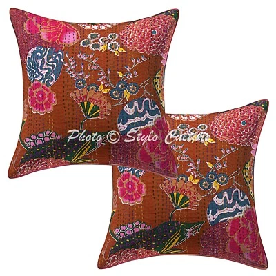 Boho Hippie Yoga Pillow Case Cushion Cover Brown Kantha Bohemian Meditation - Image 1 of 4