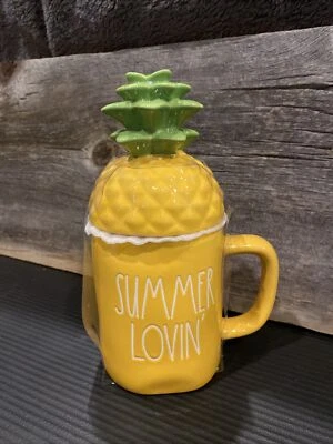 Rae Dunn SUMMER LOVIN' With Pineapple Topper Mug- Yellow Summer Vacation - New