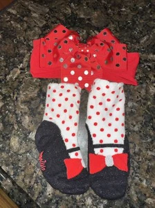Disney Parks Minnie Mouse Infant Baby Hair Bow Red Polka Dot Socks Set 6-12 Mo - Picture 1 of 12