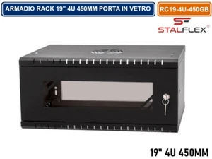 ARMADIO RACK 19" 4U 450MM A PARETE NERO RAL 9005 SPORTELLO IN VETRO REVERSIBILE - Foto 1 di 3