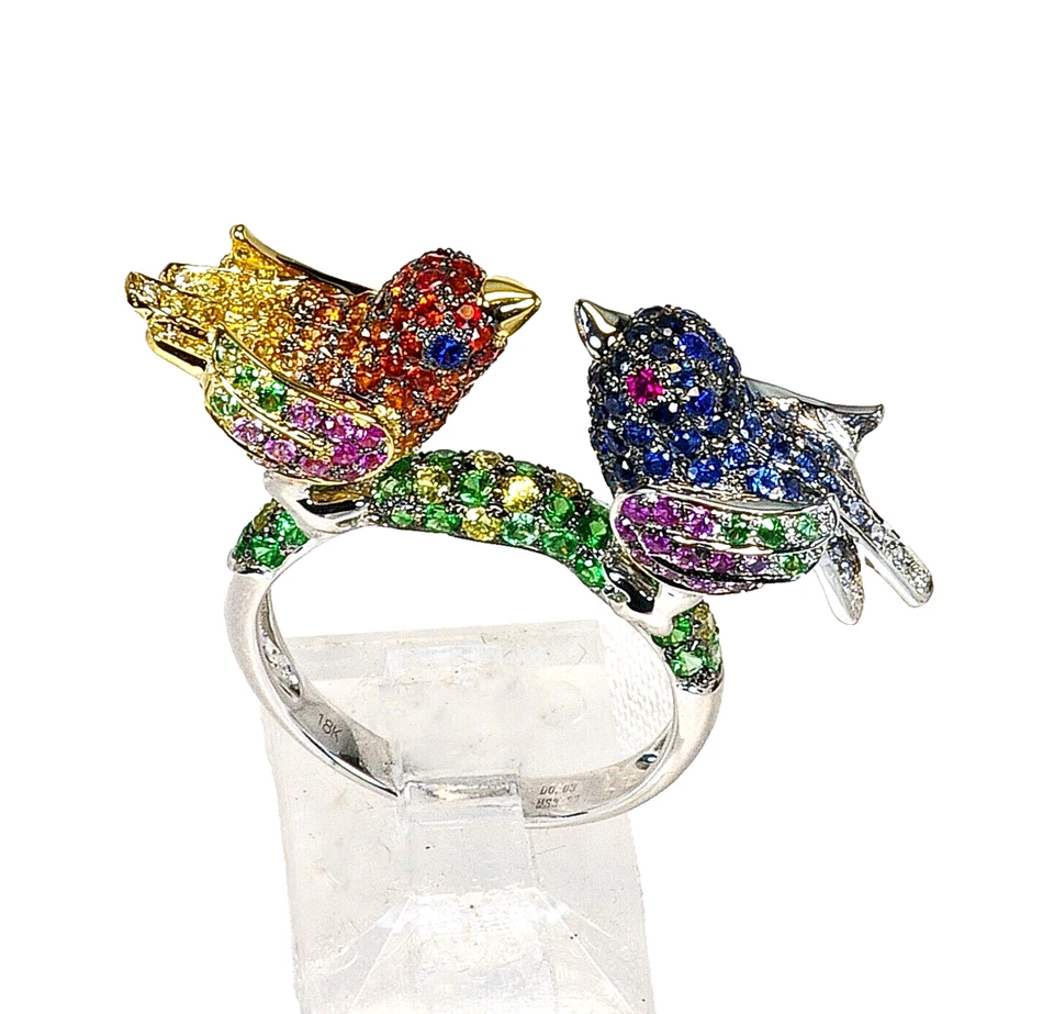 18k, BIRD, RING, PARAKEET, COCKATIEL, CANARY, LOVE BIRDS, CANARY, MULTI GEMS - Image 1 of 4