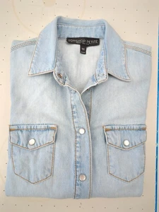 Topshop Petite Women's Denim Shirt Pearl Snap Light Blue UK 8 - Excellent - Picture 1 of 10