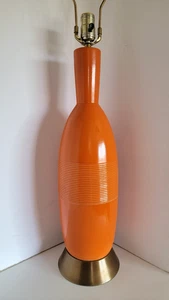 Vtg Mid Century Modern Orange Grooved Ceramic & Brass Base Table Lamp - Picture 1 of 8