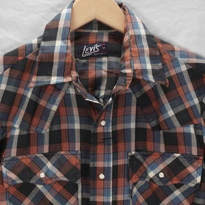 LEVIS LONG SLEEVE WESTERN SHIRT LIGHTWEIGHT PLAID BLUE RUST ORANGE WHITE SNAP M - Picture 1 of 7
