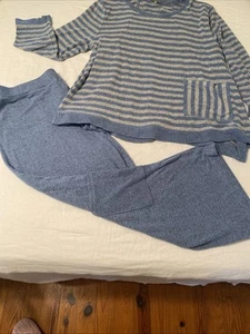Habitat 2 Piece Knit Blend Set Blue Stripe Top XL Blue Wide Leg Pants L VGUC - Picture 1 of 20