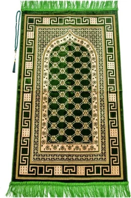 Alfombra de oración musulmana de terciopelo de lujo con 2'3" x 3'9" (rectangular), verde claro  Foto 1 de 4