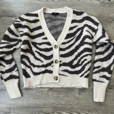 J Crew V Neck Cardigan Sweater Womens Medium Zebra Stripe Wool Alpaca Blend - Image 1 of 4