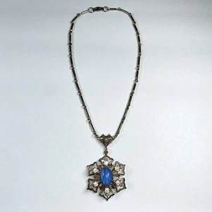 Estate Victorian Revival Blue Cabochon Rhinestone Pendant Bar Chain Necklace VTG - Picture 1 of 12