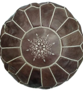 Moroccan Pouf Footstool Hassock Ottoman Poof Handmade Leather Genuine Dark Brown - Picture 1 of 4