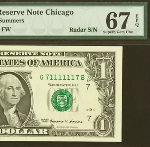 1999 $1 Federal Reserve Note PMG 67EPQ top pop 1/0 super radar serial number - Picture 1 of 4