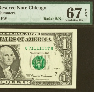1999 $1 Federal Reserve Note PMG 67EPQ top pop 1/0 super radar serial number - Image 1 of 4