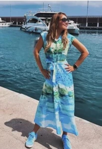 ZARA ZW COLLECTION BLUE SCENIC BIRDS PRINT BELTED MIDI SHIRT DRESS SIZE L BNWT - Picture 1 of 14