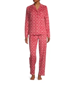 Adonna Fleece Pant Pajama Set Women's Sz XS Red White Long Sleeve Button Pocket - Picture 1 of 9