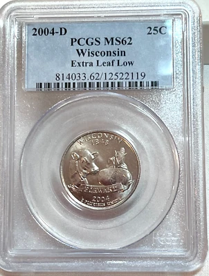 2004 D  Wisconsin Extra Leaf Low State Quarter PCGS MS62 Cert# 12522119 - Image 1 of 4