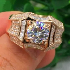 Men's Solitaire Pinky Ring in 10k Yellow Gold 2.50Ct Round Cut REAL Moissanite - Picture 1 of 9