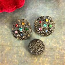 Antique Czech Brass Filigree Harlequin Rhinestone Crystal Buttons Lacy Cut Out