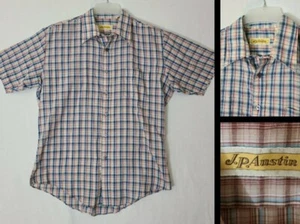 Vtg J.P. Austin Blue Plaid Poly Cotton Thin Single Stitch SS Camp Shirt  (N2) - Picture 1 of 5