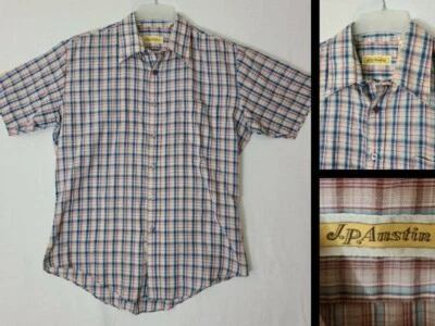 Vtg J.P. Austin Blue Plaid Poly Cotton Thin Single Stitch SS Camp Shirt  (N2) - Image 1 of 4