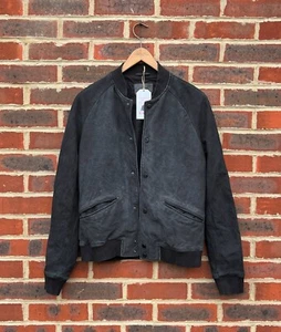 All Saints Mens SURREY Nubuck Leather Bomber Jacket Small Varsity Baseball - Picture 1 of 12