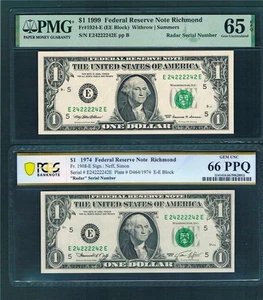 $1.00 1974 & 1999 FRN's~"IDENTICAL MATCHING TRUE 2-DIGIT RADARS"~Nice GRADED Set - Picture 1 of 1