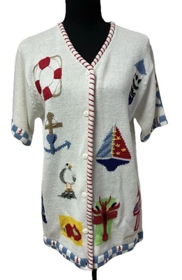 Vintage Quaker Factory Nautical-themed Short Sleeve Cardigan Sweater Women's S - Image 1 of 4