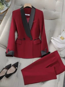 Rot/schwarzer Damenanzug Zweireihige Jacke Mit Schalkragen Mode Business Anzug - Picture 1 of 13