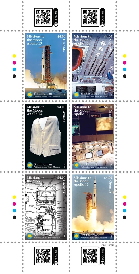 Smithsonian: APOLLO 13 / MISIONES A LA LUNA Hoja de estampillas espaciales #2 2021 Granada - Imagen 1 de 1