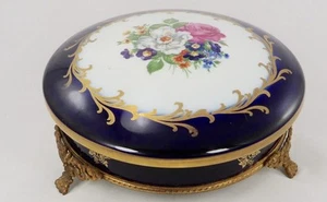 Limoges Porcelain France Real Fleur De Lis Covered Candy Dish With Bronze Stand - Picture 1 of 10