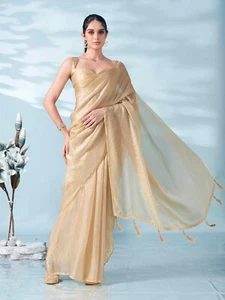 Satin Women's Jimmychoo Beige Saree With Un-Stitched Blouse - Picture 1 of 8