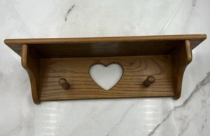 VTG Wood Shelf With Heart Cut Out Wall Shelf Pegs Oak Wood 18" - Picture 1 of 13