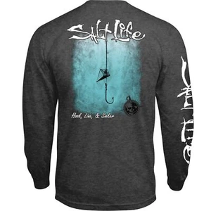 Salt Life Mens Hook Line and Sinker Fade Long Sleeve Classic Fit Shirt, Charcoal - Picture 1 of 1