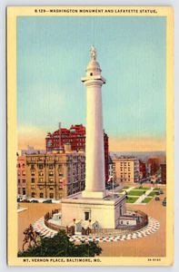 Monumento a Washington Lafayette Estatua Vernon Place Baltimore MD Lino Postal P5 - Imagen 1 de 2