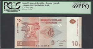 Congo Democratic Republic 10 Francs 30-6-2003 P93a Uncirculated Graded 69 - Picture 1 of 2