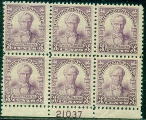 SCOTT # 725 PLATE BLOCK, DANIEL WEBSTER, MINT, OG, NH, FRESH, GREAT PRICE! - Picture 1 of 1
