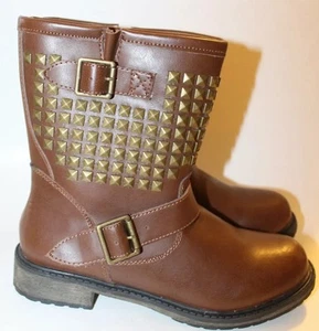 NWT Sketchers Women Boots Leather Studded Metal Brown Lined Sz 7.5 Motorcycle - Picture 1 of 12